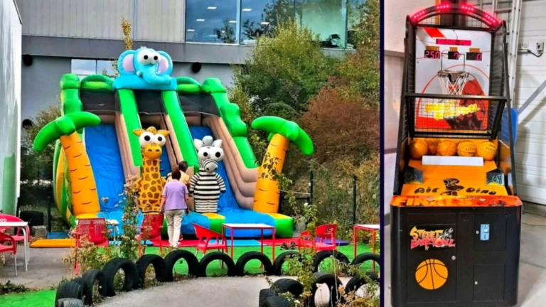Toboggan gonflable extérieur et jeu de basket chez Okidok Besançon