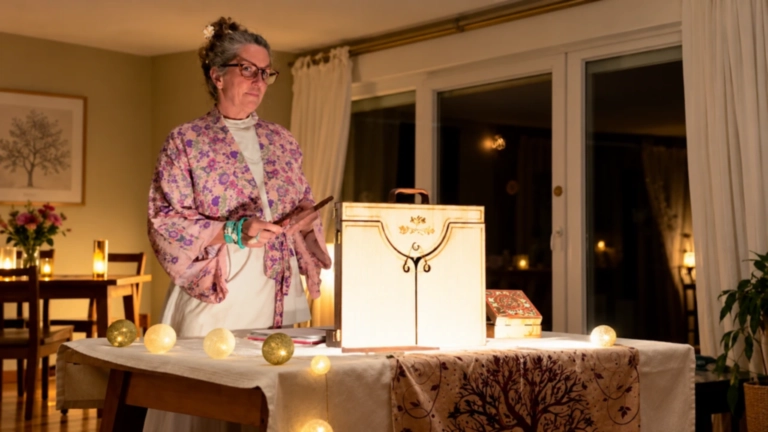 Alexandra Bernardo conteuse lors d'un spectacle de conte avec son décor et ses accessoires