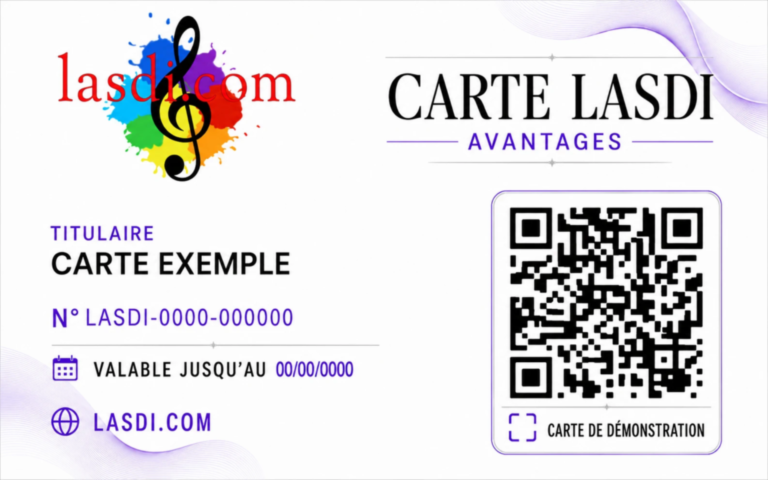Exemple de Carte LASDI numérique avec nom du titulaire, numéro de carte, date de validité et QR code de vérification.