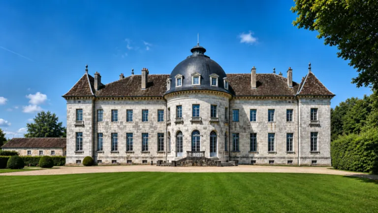 Vue du Château de Moncley dans le Doubs avec son architecture classique et son grand parc verdoyant.