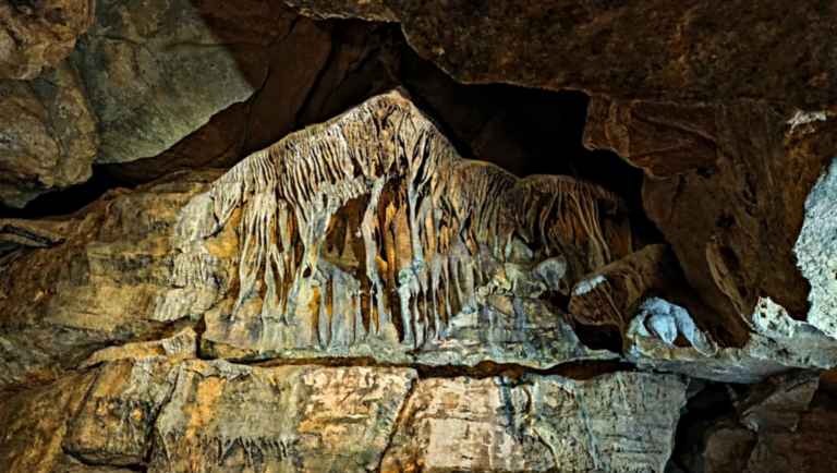 Draperies et concrétions calcaires éclairées dans les Grottes de Bèze