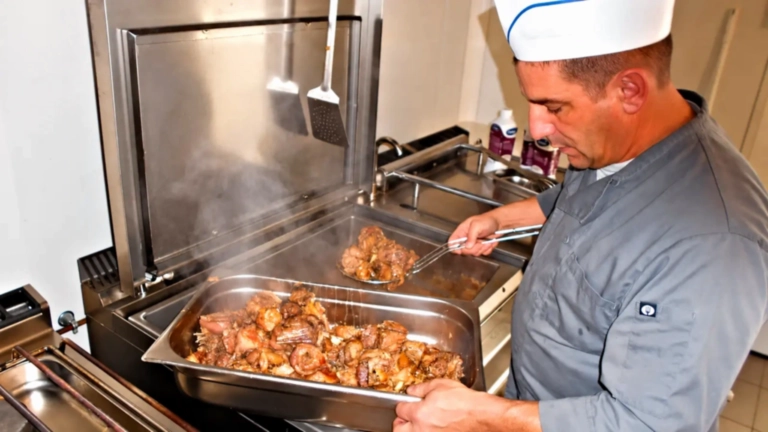 Éric prépare un plat de viande dans sa cuisine professionnelle
