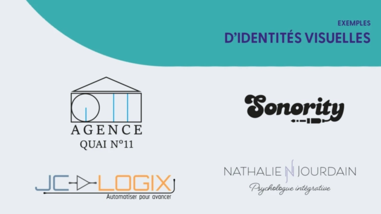 Exemples d’identités visuelles présentées par Francis AITK, dont les logos Sonority et Agence Quai n°11.