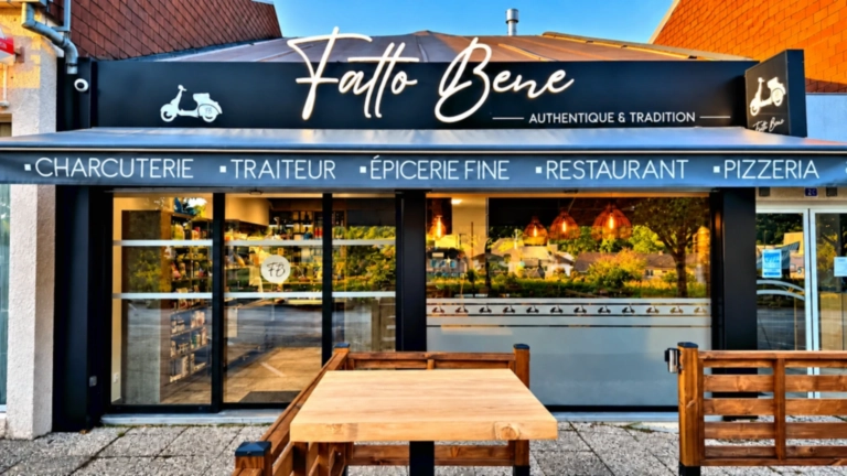 Façade du restaurant FATTO BENE à Devecey, avec son enseigne, sa vitrine et sa terrasse