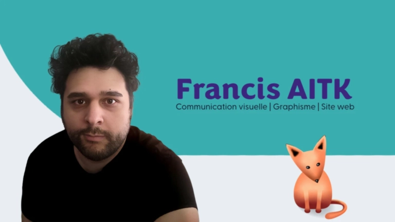 Portrait de Francis AITK, graphiste et créateur de sites internet à Besançon, sur un visuel avec un renard illustré.