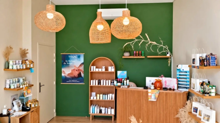 Accueil de l’Institut Équilibre à Pirey, avec son comptoir en bois et son mur vert