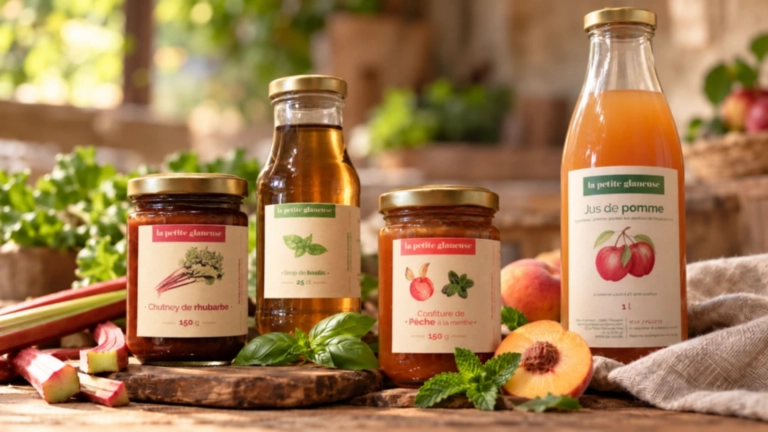 Sirops, confitures et jus de pomme de La Petite Glaneuse dans un décor rustique.
