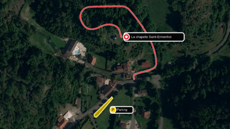 Plan du parking du Val de Cusance et du sentier montant jusqu’à la chapelle Saint-Ermenfroi