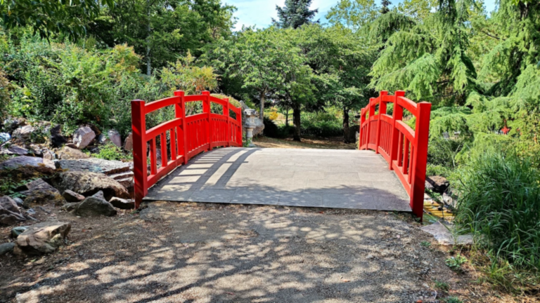 Pont japonais rouge franchissant un cours d’eau au milieu des arbres et des rochers du parc du Suzon.