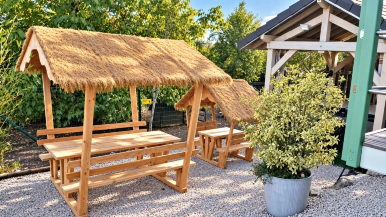 Tables de pique-nique en bois dans l’espace extérieur de Roul’Poul