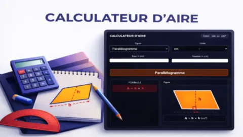 Illustration d’un calculateur d’aire avec une figure géométrique coloriée mettant en évidence la surface, la base et la hauteur, permettant de comprendre comment calculer l’aire d’un parallélogramme, d’un triangle ou d’un rectangle.