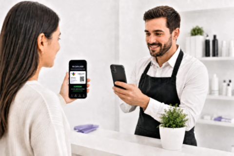 Cliente présentant sa Carte LASDI numérique chez un partenaire