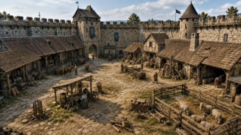 Basse-cour d'un château fort médiéval avec ateliers, animaux et bâtiments de service