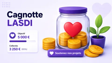 Illustration d’une cagnotte de soutien avec pièces, bocal transparent et financement des projets LASDI.