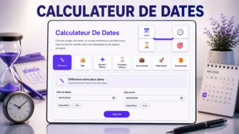 Calculateur de dates avec âge, durée, compte à rebours et calcul de date future.