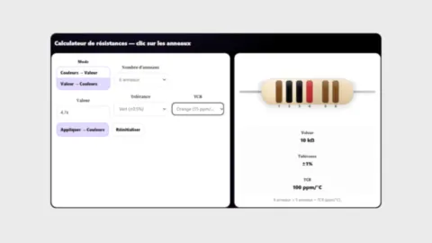 Calculateur de résistances avec code couleur des anneaux et valeur en ohms