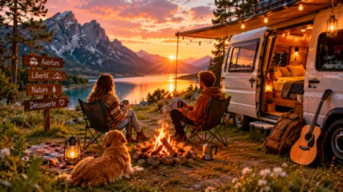 Voyage en van et camping nature face à un lac et des montagnes au coucher du soleil