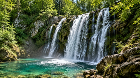 Cascade naturelle se jetant dans un bassin d'eau turquoise au cœur de la forêt