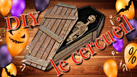 cercueil halloween en carton avec squelette décoratif
