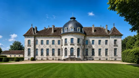 Vue du Château de Moncley dans le Doubs avec son architecture classique et son grand parc verdoyant.