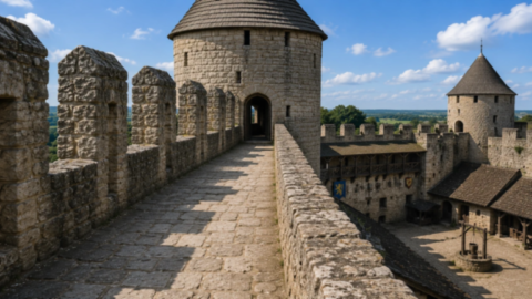 Chemin de ronde sur les remparts d'un château fort médiéval