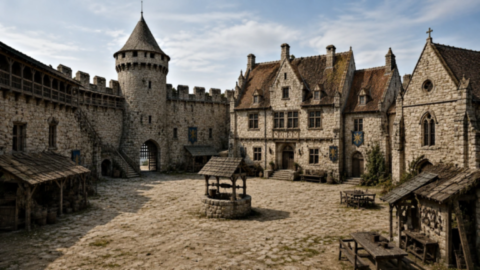 Cour intérieure au centre d'un château fort médiéval