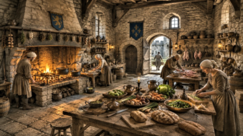 Cuisine médiévale dans un château fort avec foyer et préparation des repas