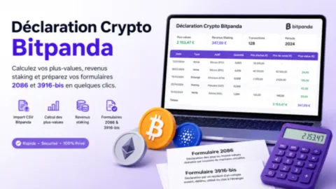 Illustration de l’outil de déclaration crypto Bitpanda permettant d’analyser un fichier CSV, calculer les plus-values, détecter les revenus staking et préparer les formulaires fiscaux 2086 et 3916-bis.