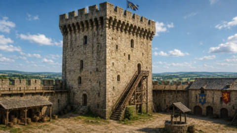 Donjon d'un château fort médiéval avec remparts et cour intérieure