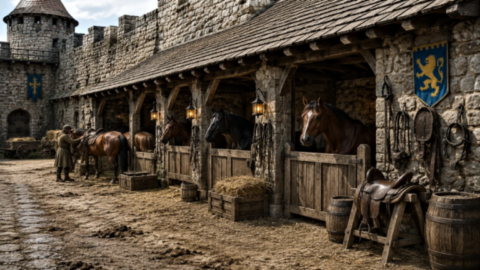 Écuries médiévales dans un château fort avec chevaux et matériel équestre