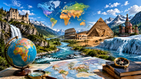 Illustration représentant la géographie du monde avec une carte, un globe terrestre, des paysages, des continents, des monuments célèbres et des éléments naturels
