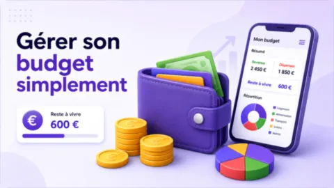 Illustration d’un outil de gestion de budget avec portefeuille, smartphone, graphiques financiers et suivi des dépenses.