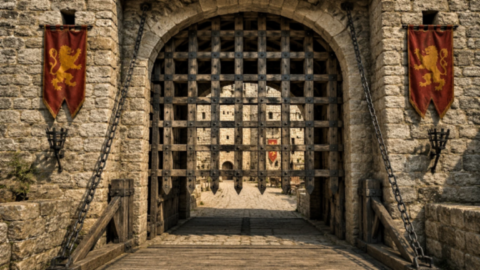 Herse en bois et métal protégeant l'entrée d'un château fort médiéval