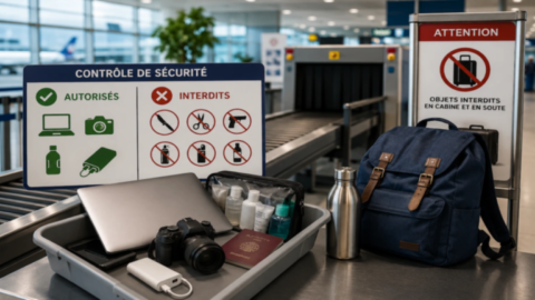 Objets autorisés et interdits en voyage lors d'un contrôle de sécurité d'aéroport avec bagages, passeport, ordinateur portable et appareil photo