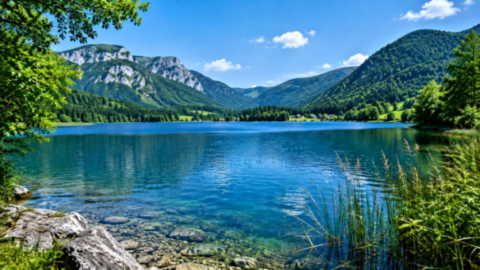 Lac naturel entouré de montagnes et de forêts sous un ciel dégagé