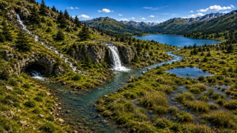 Paysage illustrant une rivière, un lac, une cascade, une source et d'autres éléments liés à l'eau en géographie