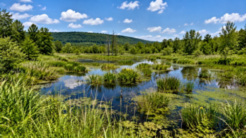 Marais composé de zones humides, d'eau peu profonde et de roseaux