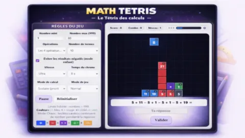 jeu de calcul mental type tetris avec opérations mathématiques et blocs de nombres à résoudre