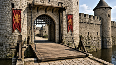 Pont-levis en bois devant l'entrée d'un château fort médiéval