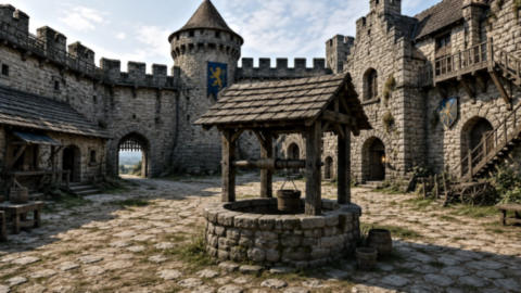 Puits en pierre situé dans la cour intérieure d'un château fort médiéval