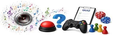 Illustration de quiz et jeux avec haut-parleur musical, notes de musique, manette, buzzer et dés colorés.