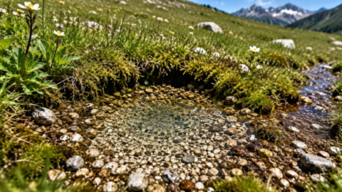 Source naturelle en montagne donnant naissance à un petit cours d'eau cristallin