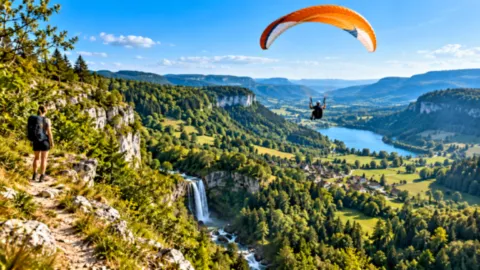 Parapente au-dessus des paysages du Jura pour illustrer les activités Sport Découverte en Bourgogne-Franche-Comté