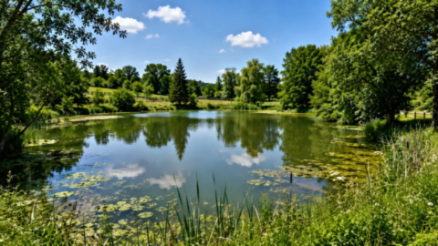Étang naturel bordé de roseaux et de végétation aquatique