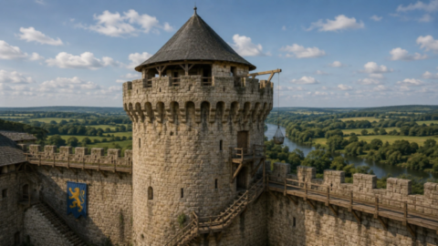 Tour de défense médiévale reliée aux remparts d’un château fort avec vue sur la campagne