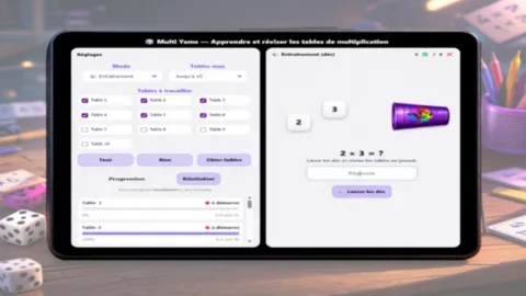 Interface du jeu Multi Yams permettant de s’entraîner aux tables de multiplication avec des dés et un suivi de progression