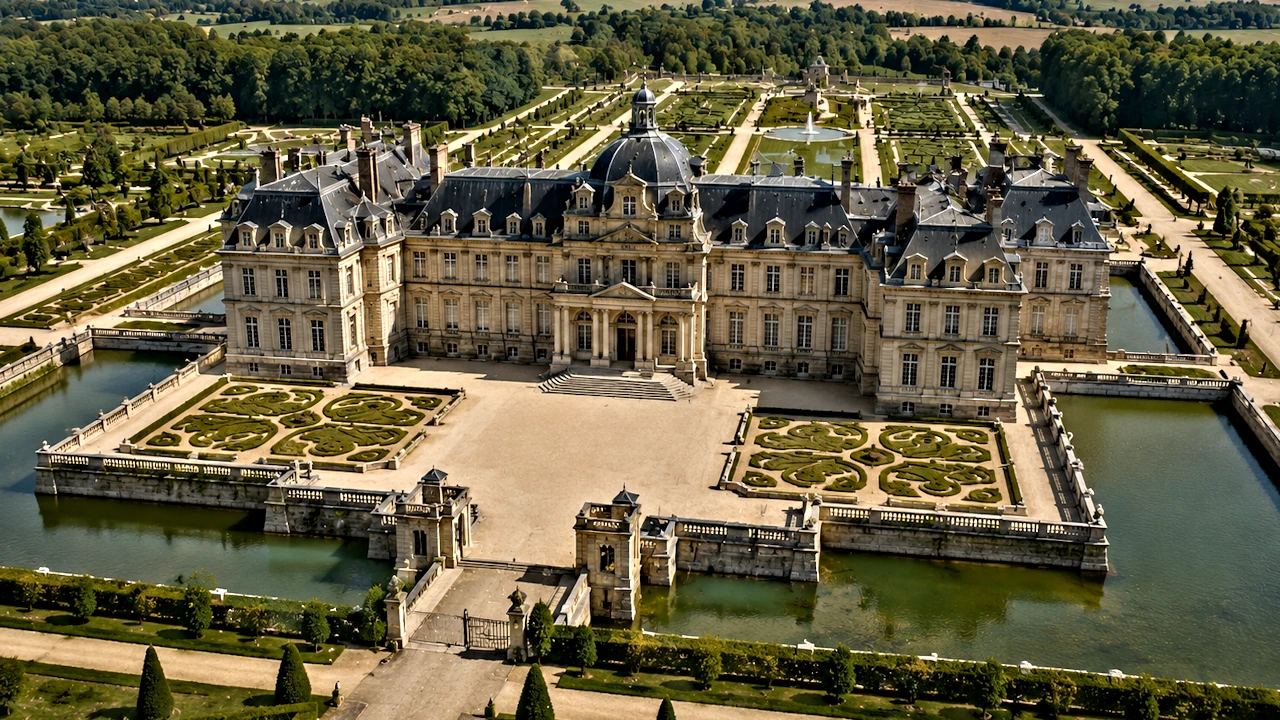 Château classique avec façade symétrique, bassin et jardins à la française