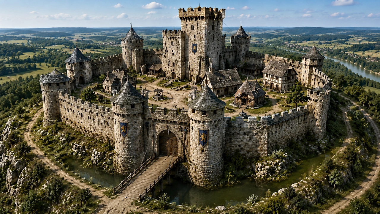 Château fort médiéval avec donjon, tours, remparts et pont-levis