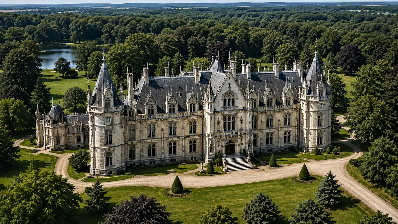 Château néo-gothique du XIXe siècle avec tours, flèches, pinacles et parc paysager