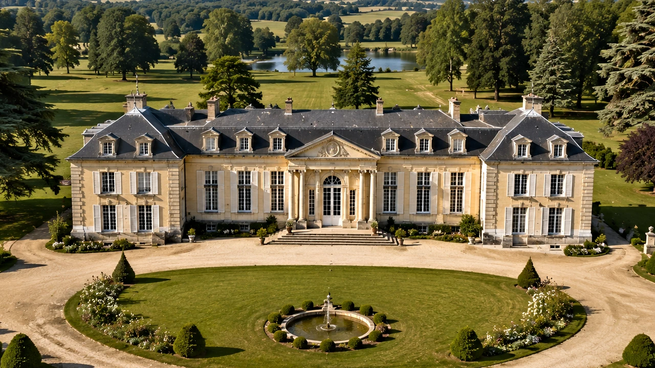 Château de plaisance avec parc paysager, allées, pelouse et étang